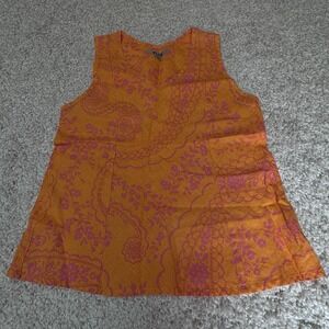 Flax Top Floral S Orange 100% Linen Tunic Oversized Sleeveless Lagenlook Coastal